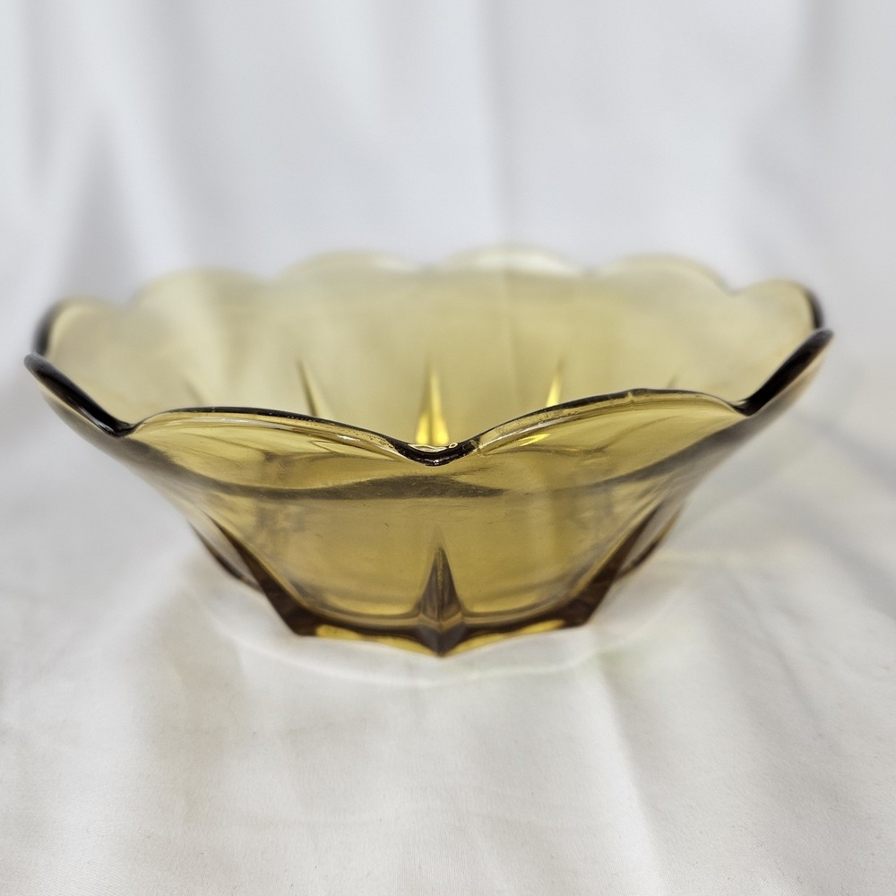 Anchor Hocking Paneled Amber Glass Bowl Scalloped Edge Yellow Gold Vintage